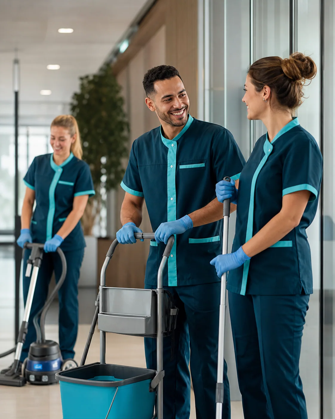 Professioneel schoonmaakteam bereidt werkzaamheden voor in een modern kantoor