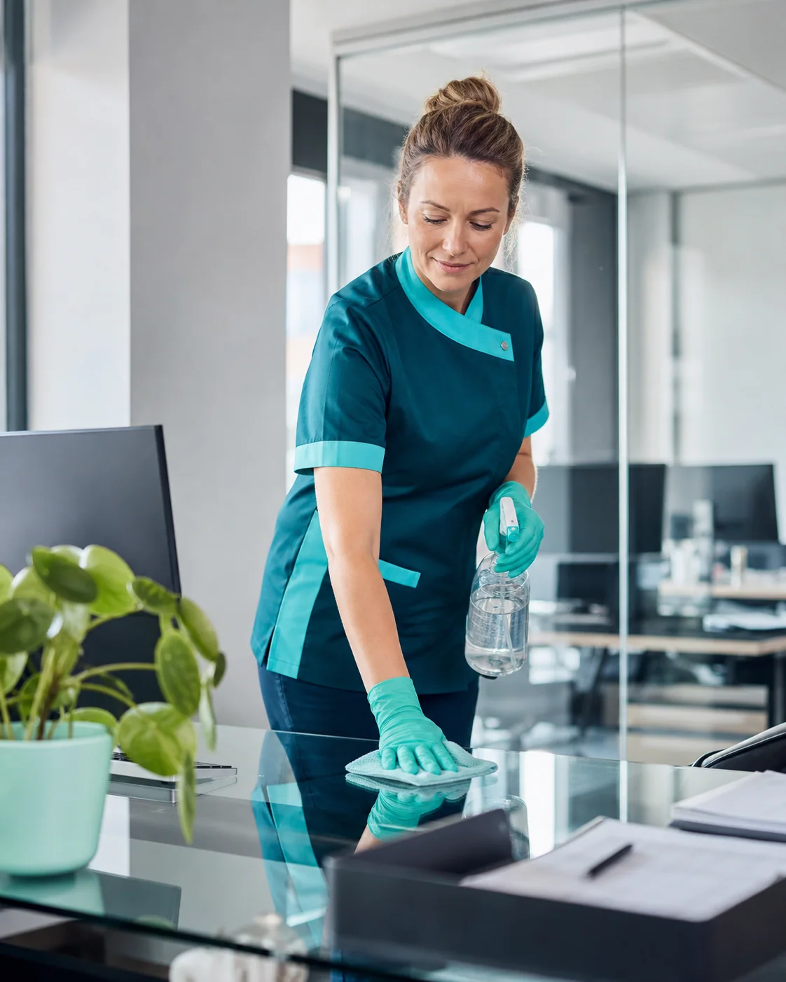 Professionelle Reinigungskraft reinigt einen Glastisch in einem modernen Büro